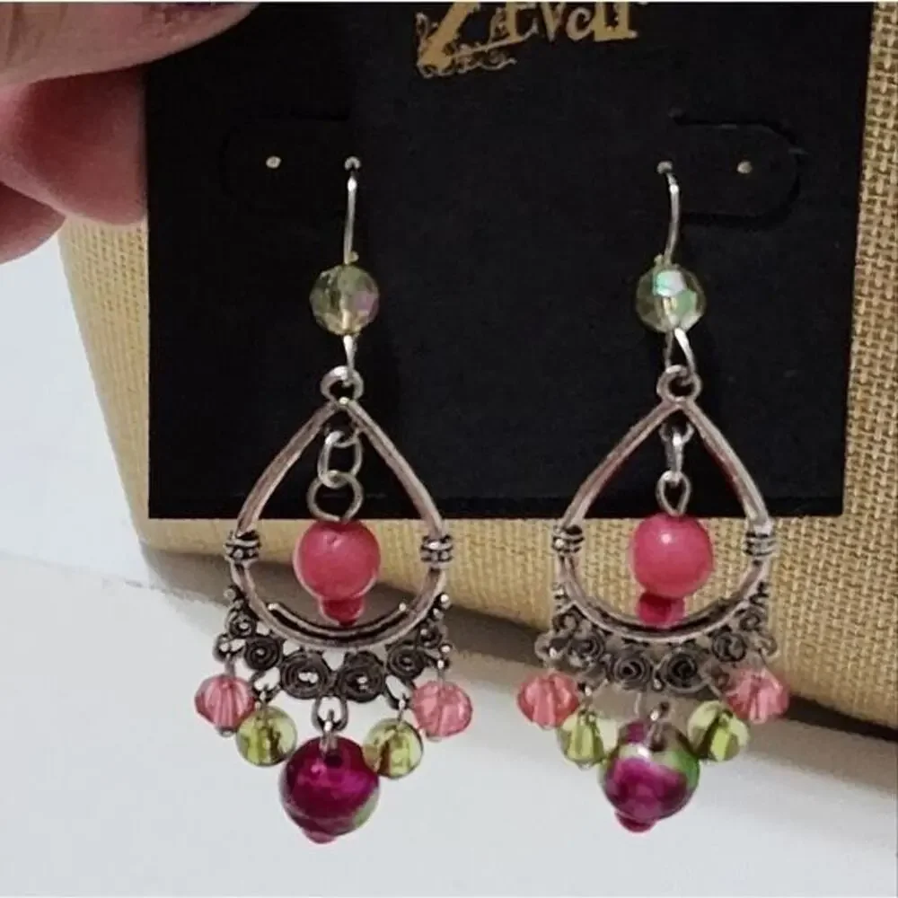Zevar Pink Green Beaded Teardrop Chandelier Earrings Silver Tone Boho Dangle
